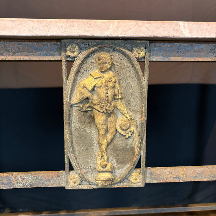 Antique French Balcony Console Table with Marble Top & Figural Wrought Iron Panel