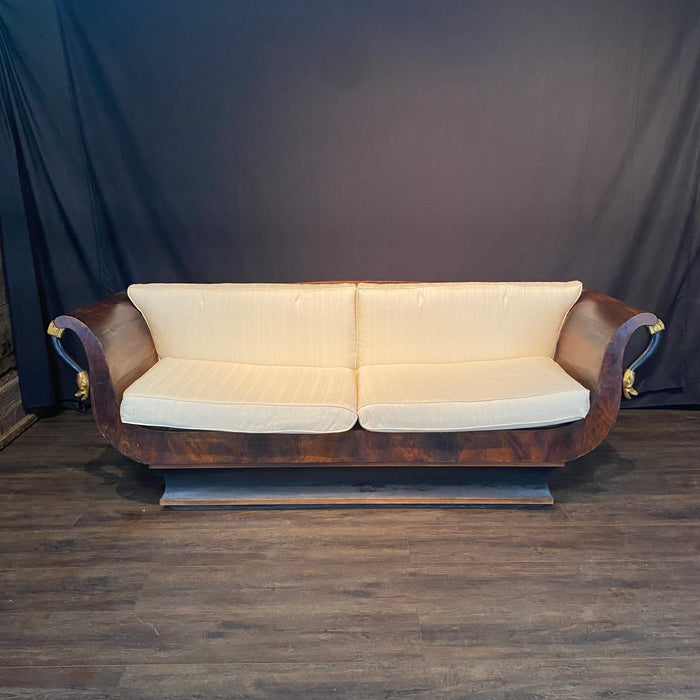 Period French Empire Mahogany and Ebony Gilded Neoclassical Sofa with Carved Gold Swan Figurines