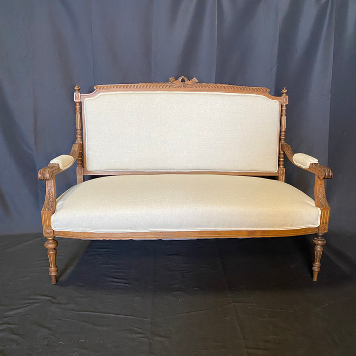 French Louis XVI 19th Century Walnut Carved Sofa. Loveseat or Settee