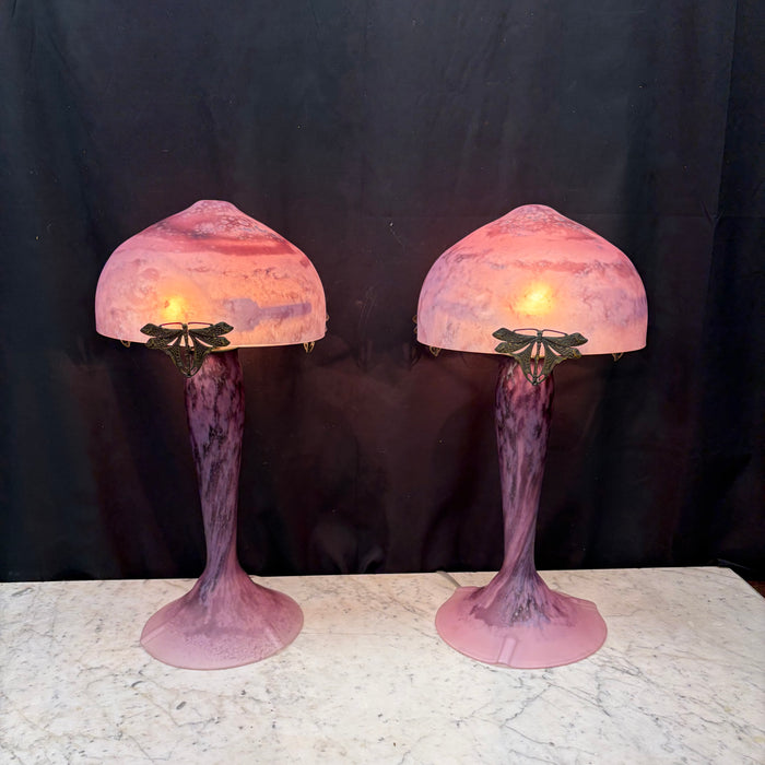 Pair of French La Rochere Art Nouveau Mushroom Table Lamps with Marbled Glass Shades and Bronze Dragonfly Details