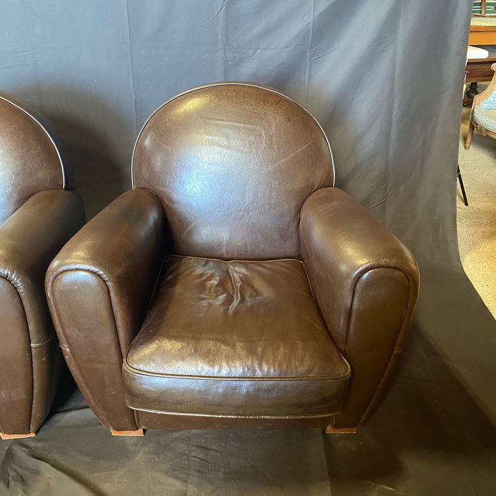 Pair of French Pair Art Deco Leather Club Chairs or Armchairs