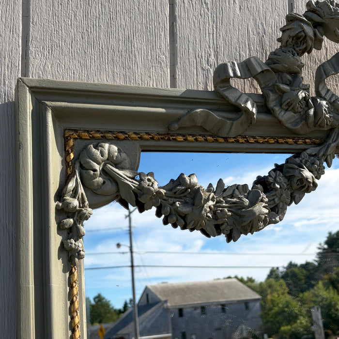 Tall Antique French Painted Neoclassical Pier Mirror with Gilt Accents, Floral Garlands, Ribbon Bow and Wreath Crest