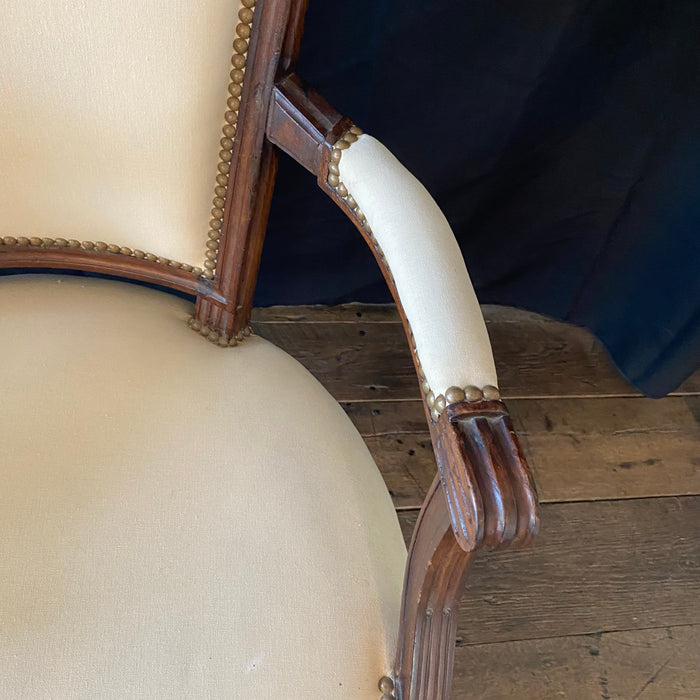 French Pair Louis XVI Carved Mahogany Fauteuil Arm Chairs