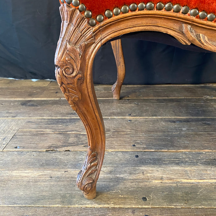 Pair of French Louis XV Intricately Carved Armchairs, Fauteuils or Parlor or Lounge Chairs with Original Fabulous Vermilion Red Mohair