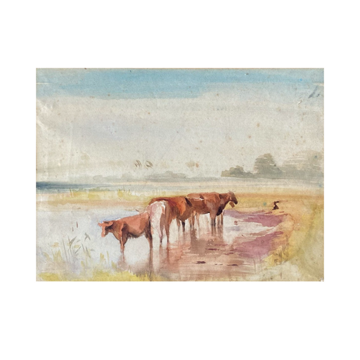 Listed British Artist Bernard Harper Wiles (1883-1966) - Watercolor Painting of Cows on a River's Edge