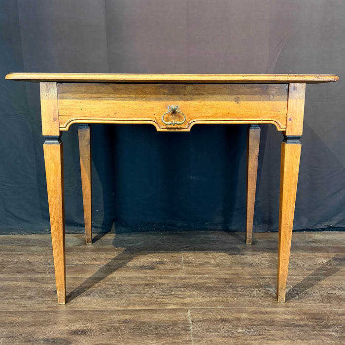 Antique French Neoclassical Fruitwood Side Table or Desk with Drawer and Brass Ring Pull