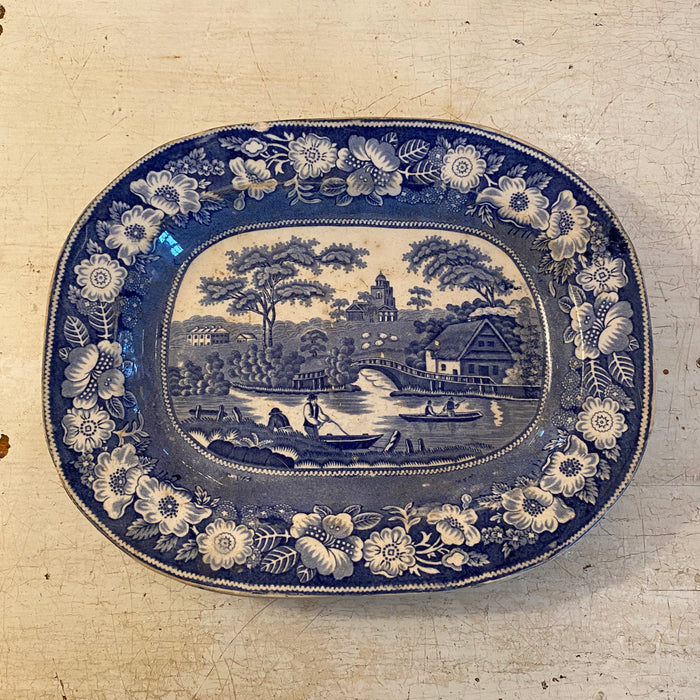 19th Century Wild Rose Antique Staffordshire Stoneware Serving or Meat Platter Blue and White Transferware