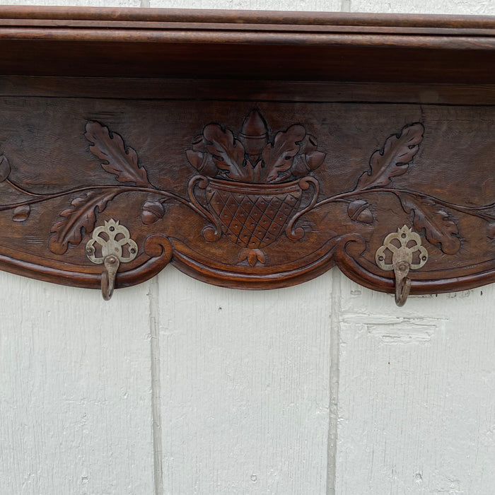 Antique Hand Carved 19th Century Walnut Hat and Coat Rack and Wall Shelf or Bookshelf with Hooks