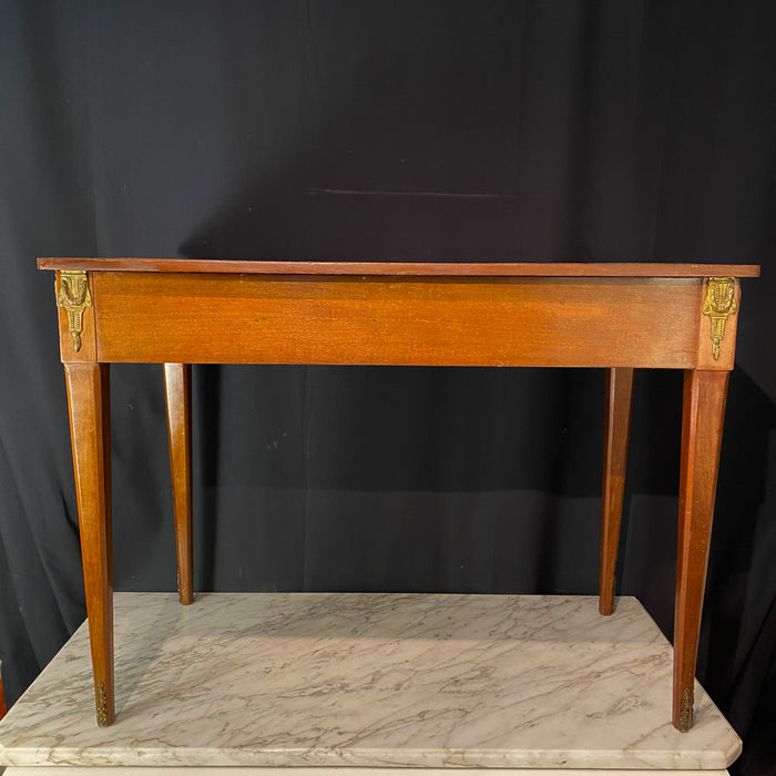 French Antique Embossed Leather Top Desk with Two Drawers and Original Key