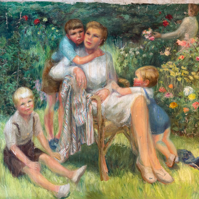 Impressionist Oil Painting: Listed Maine Artist Emily Muir (1904–2003) Large Figural Garden Scene with Mother and Children, Oil on Canvas