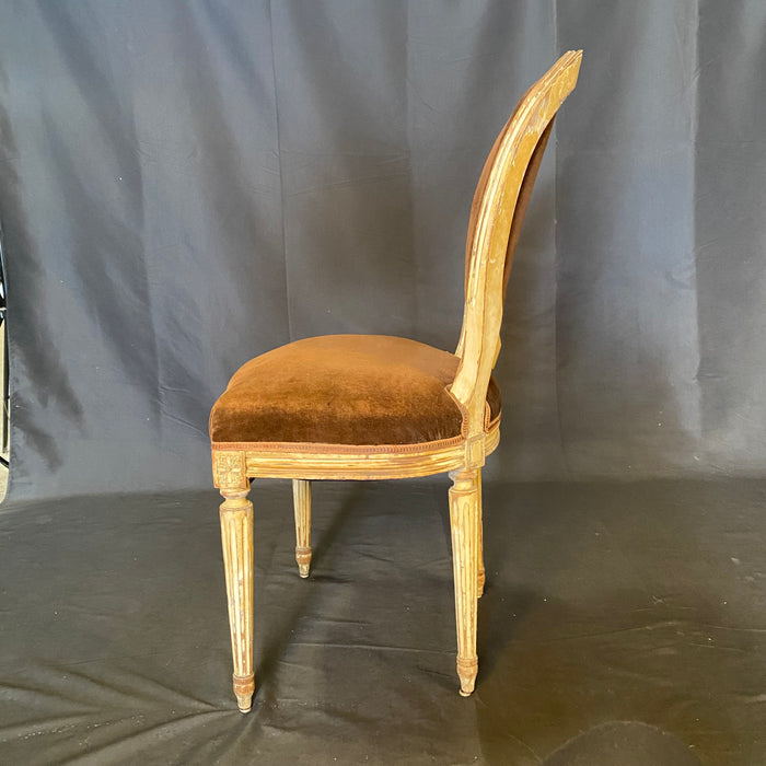 Set of 2 French Louis XVI Oval Back Carved Wood Mohair Upholstered Dining or Side Chairs