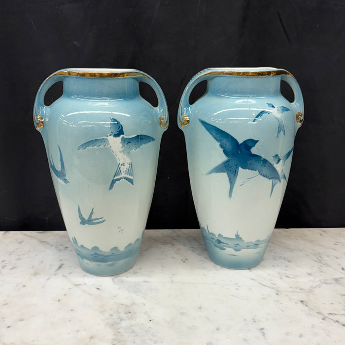 French Faience Three-Piece Vase and Jardinière Set with Swallows by Keller and Guerin