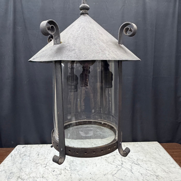 Antique Cast Iron Gas Lantern Pendant Light, Converted Gas Ceiling Fixture with Glass Shade