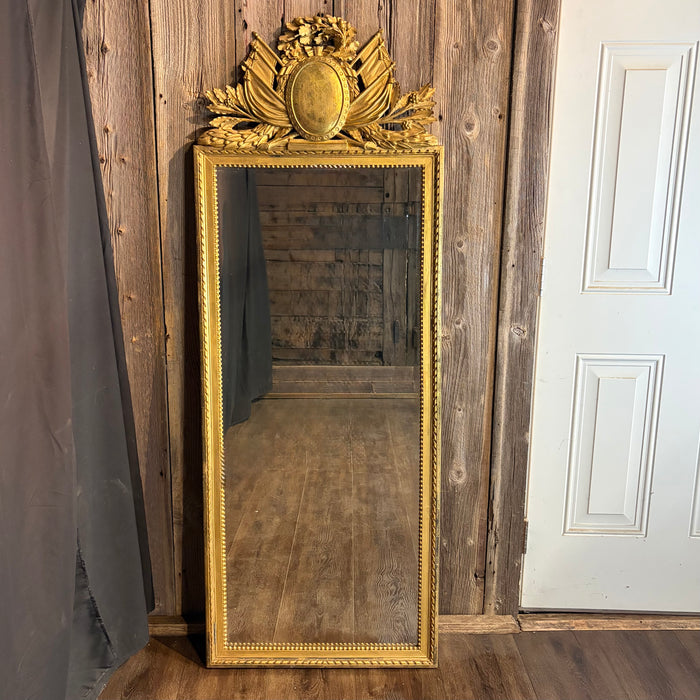Exceptional Antique French Neoclassical Giltwood Tall Pier Mirror with Elaborate Carved Crest, Original Gold Leaf Gilding