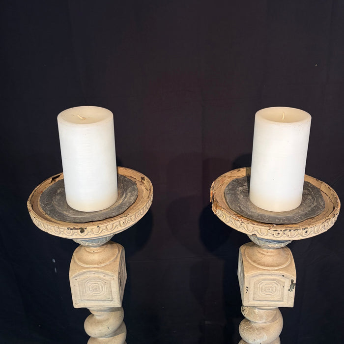 Pair of Monumental 19th Century French Carved Architectural Wood Church Altar Candlesticks with Barley Twist Columns, Almost 4 Feet Tall