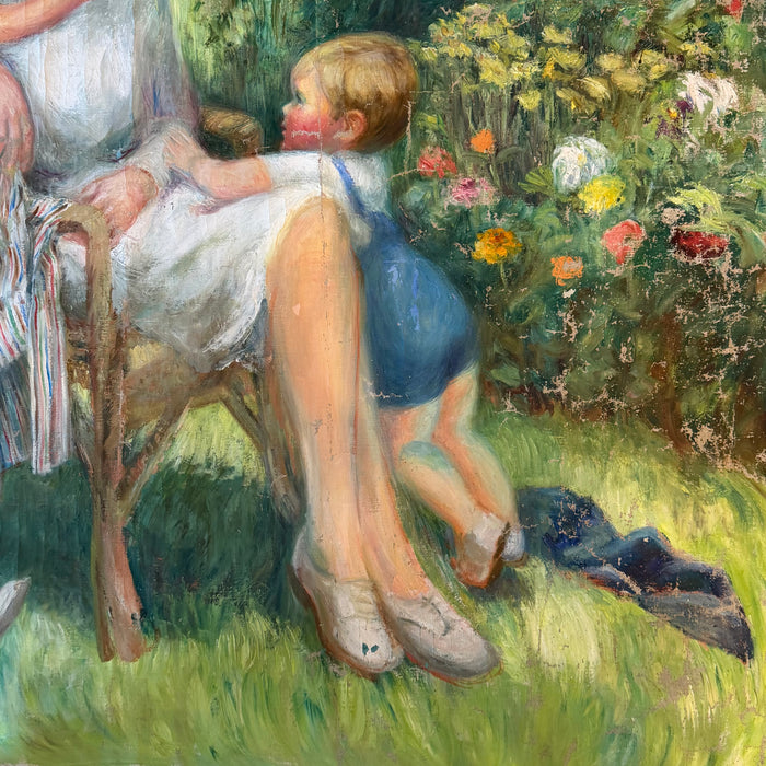 Impressionist Oil Painting: Listed Maine Artist Emily Muir (1904–2003) Large Figural Garden Scene with Mother and Children, Oil on Canvas