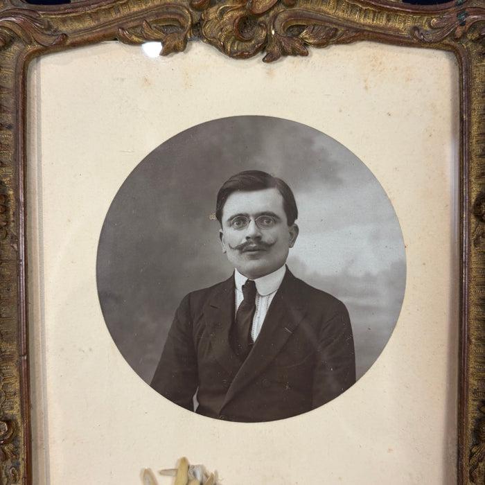 Antique French Ornate Gilt Metal Photo Frame with Original Portrait & Pressed Edelweiss