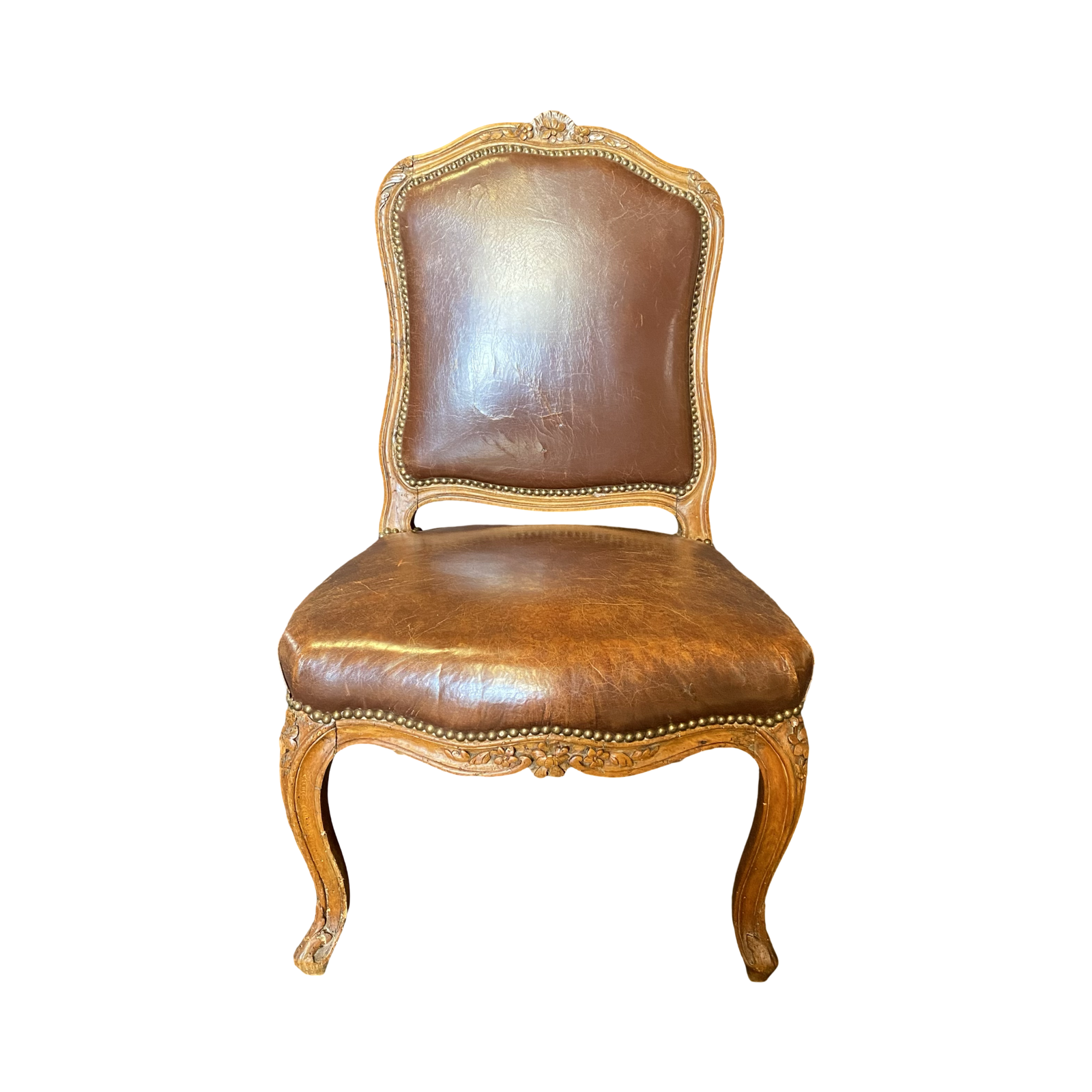 Antique French Louis XV Tobacco Brown Leather Walnut Dining Side