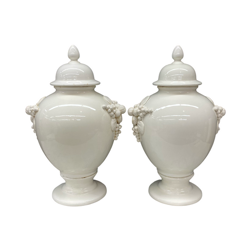 Large Antique Italian Pair of White Ceramic Apothecary Style Urn Vases