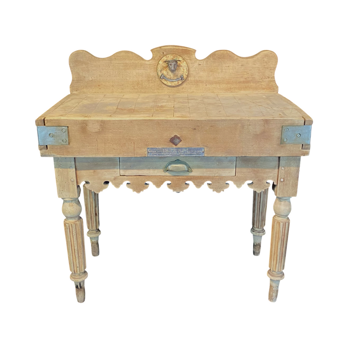 Antique French Butcher’s Block Table With Bull’s Head Mount and Rare Paris Maker's Label Jules Mareschal