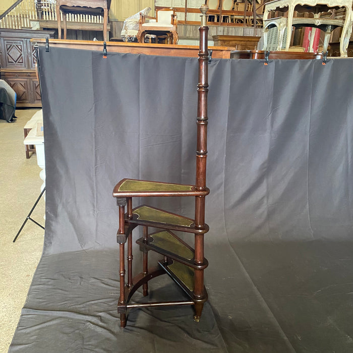 French Antique Library Staircase, Library Steps or Spiral Stairs in Mahogany with Embossed Leather Treads