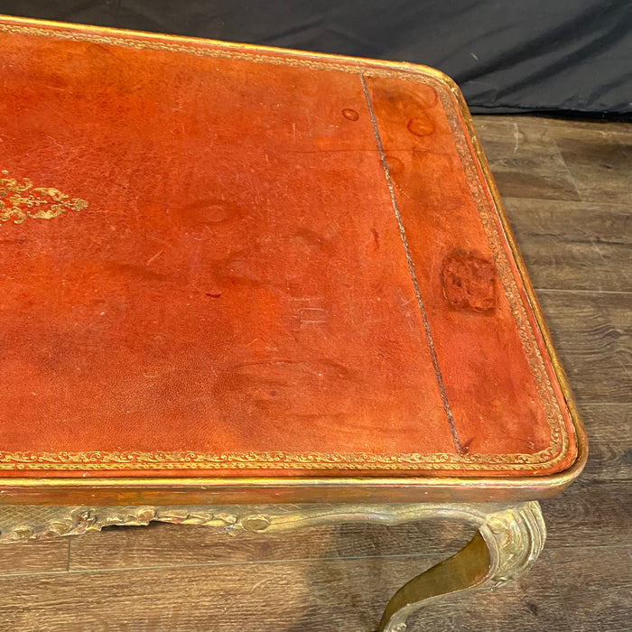 French Louis XV Coffee Table Gold Gilt Paint Carved with Leather Embossed Top