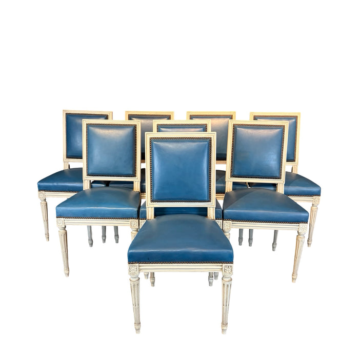 Set of Eight French Louis XVI Painted Dining Chairs in Blue Leather Circa 1920