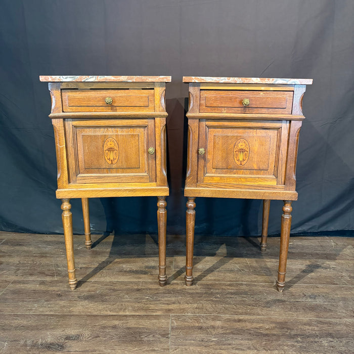 Pair of French Louis XVI Revival Oak Marble Top Nightstands with Floral Marquetry
