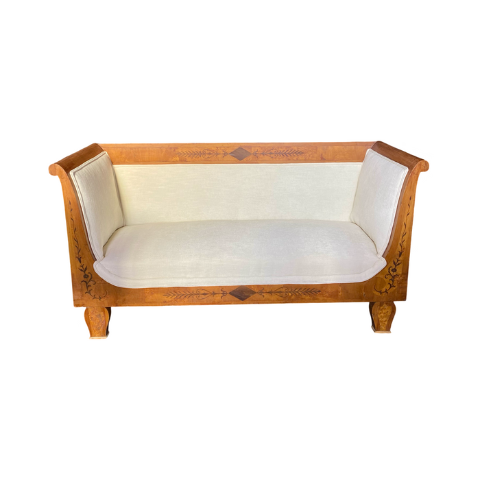 Antique French Neoclassical Marquetry Burled Walnut Sofa or Settee in Beidermeier Style