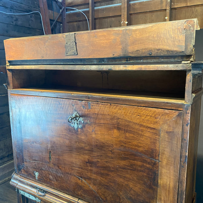18th Century Spanish Baroque Walnut Bargueno or Vargueno Fall-Front Writing Desk Cabinet Spanish Cabinet "Bargueño" or Vargueno on Stand, Original Wrought Iron and Keys
