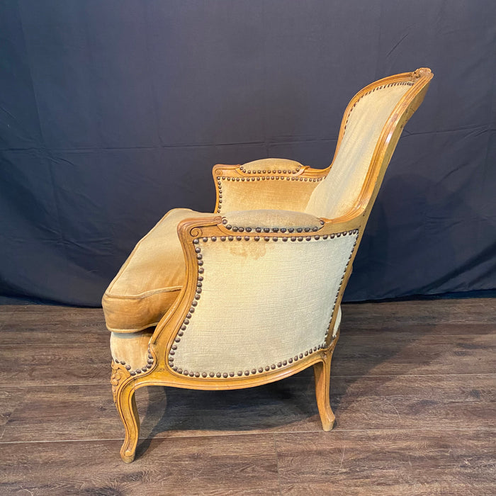 Fine French Pair Louis XV Armchairs or Bergeres with Brass Tacking