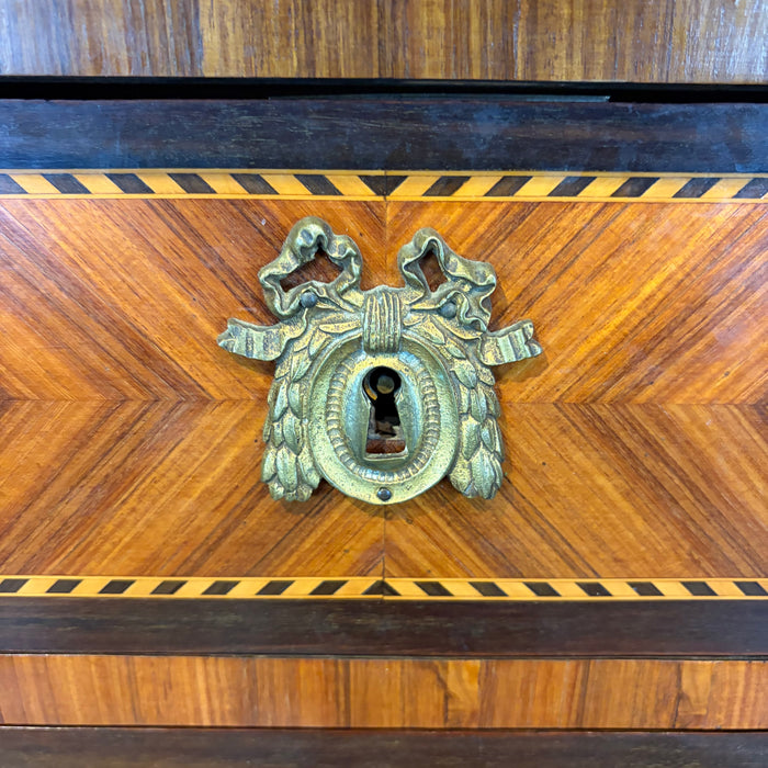 French Neoclassical Louis XVI Marble Top Parquetry Commode or Chest of Drawers