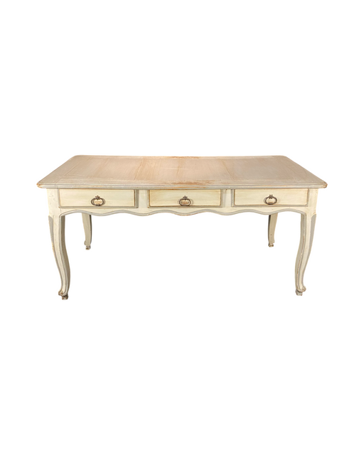 French Louis XV White Painted Provincial Table or Bureau Plat Desk with Six Drawers
