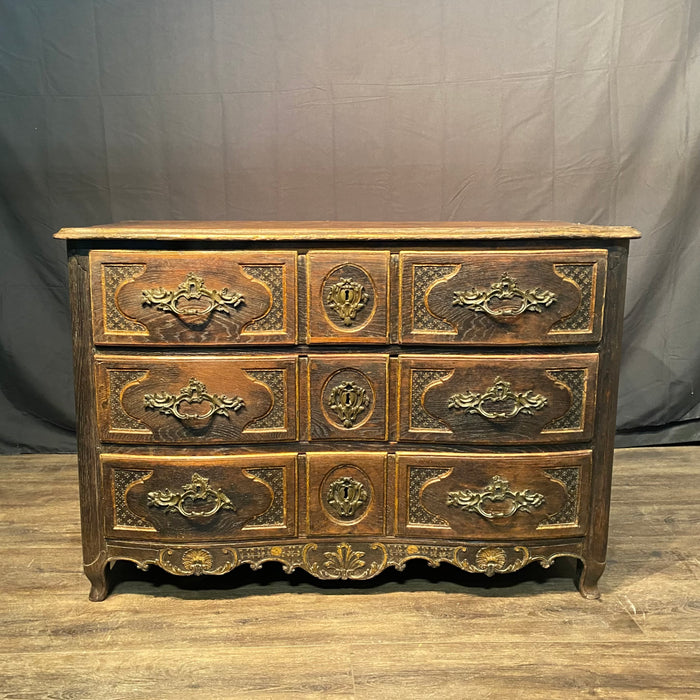 Early 19th Century French Louis XV Commode, Dresser or Chest of Drawers with Ebony Accents and Carved Drawer Front French Carved Louis XV Chest of Drawers