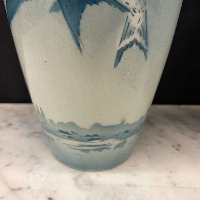 French Faience Three-Piece Vase and Jardinière Set with Swallows by Keller and Guerin