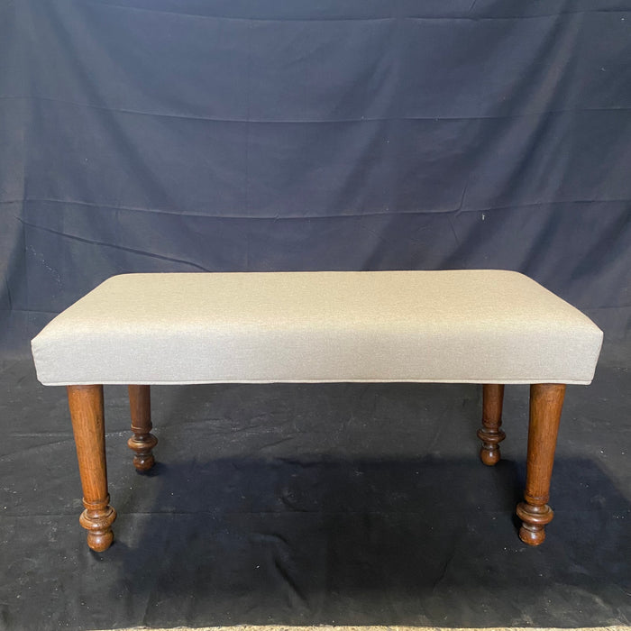 Antique French 19th Century Newly Upholstered Bench with Hand Turned Carved Legs