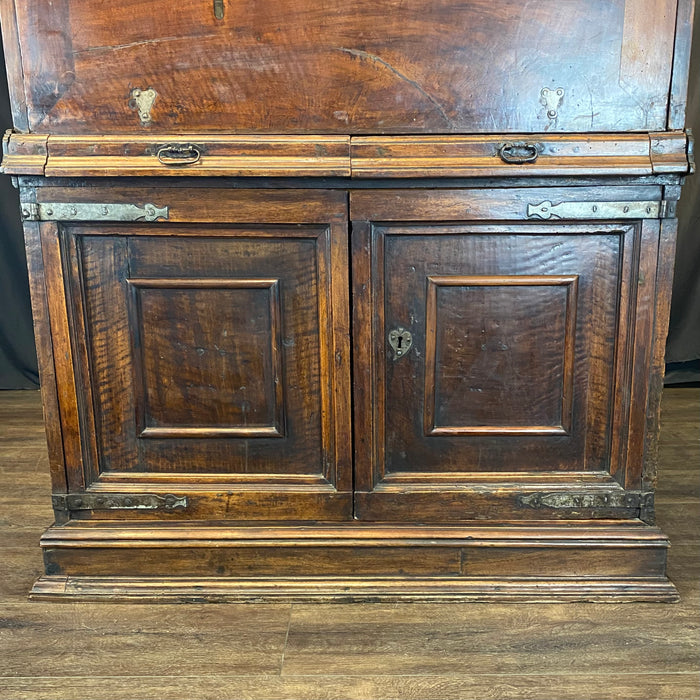 18th Century Spanish Baroque Walnut Bargueno or Vargueno Fall-Front Writing Desk Cabinet Spanish Cabinet "Bargueño" or Vargueno on Stand, Original Wrought Iron and Keys