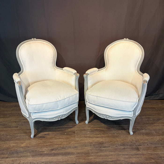 Pair of Antique French Louis XV Painted Bergère Armchairs