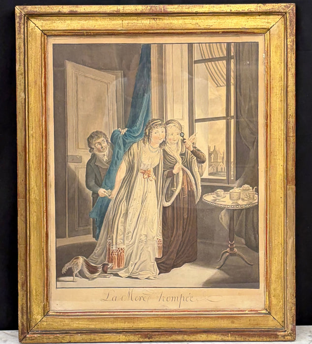Matching Pair of late 18th Century Desnoyer Artwork: French Color Engravings Framed in Period Gold Leaf Frames