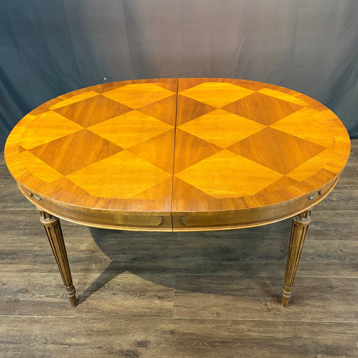 Midcentury French Louis XVI Style Walnut Parquetry Oval Extension Dining Table with Two Leaves