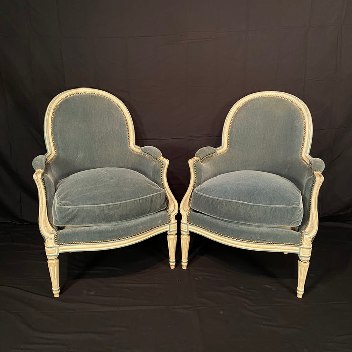 Pair of Antique French Louis XVI Armchairs or Bergere Chairs in Original White Paint and Blue Mohair Upholstery