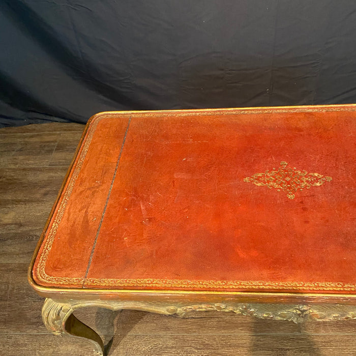French Louis XV Coffee Table Gold Gilt Paint Carved with Leather Embossed Top