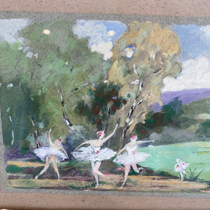 French Impressionist Watercolor Landscape Painting: Ballet in the Forest: Signed