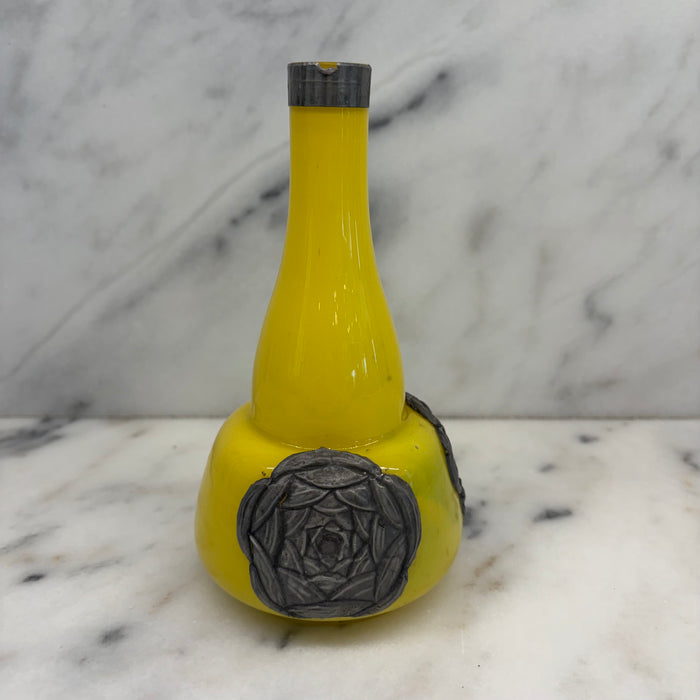 French Art Nouveau Vase Yellow Glass with Pressed Silver Floral Mounts