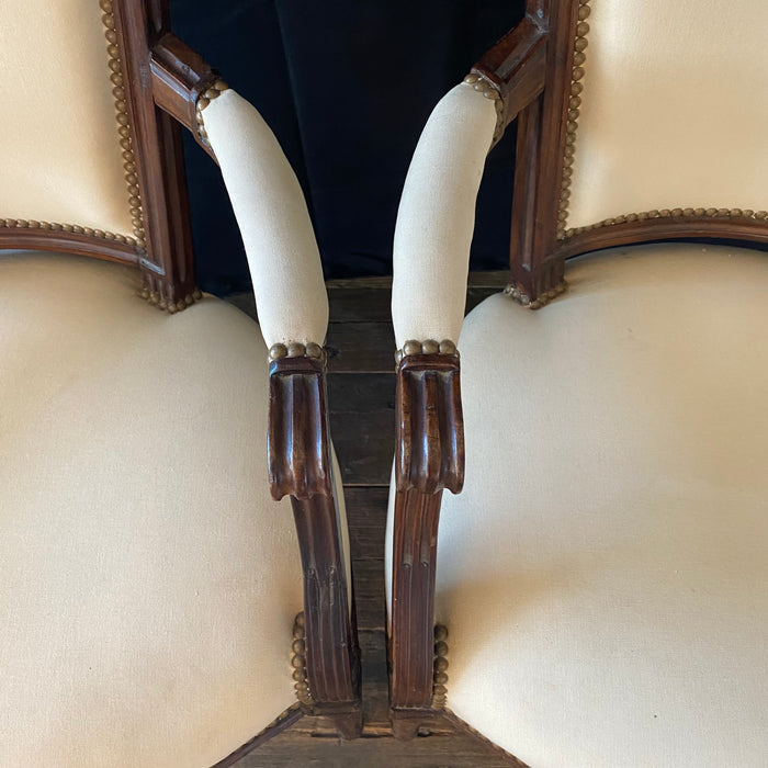 French Pair Louis XVI Carved Mahogany Fauteuil Arm Chairs