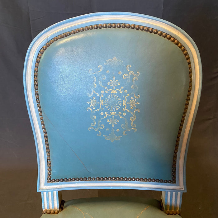 Fine Set of 6 Blue Leather Gold Embossed French Louis XVI Painted Dining Chairs