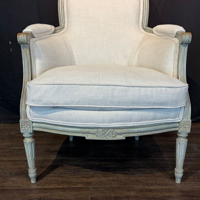 Pair of Antique French Louis XVI Carved and Painted Bergère Armchairs with New Upholstery
