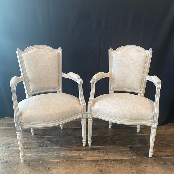 Pair of Antique French Louis XVI Neoclassical Painted Armchairs or Fauteuils