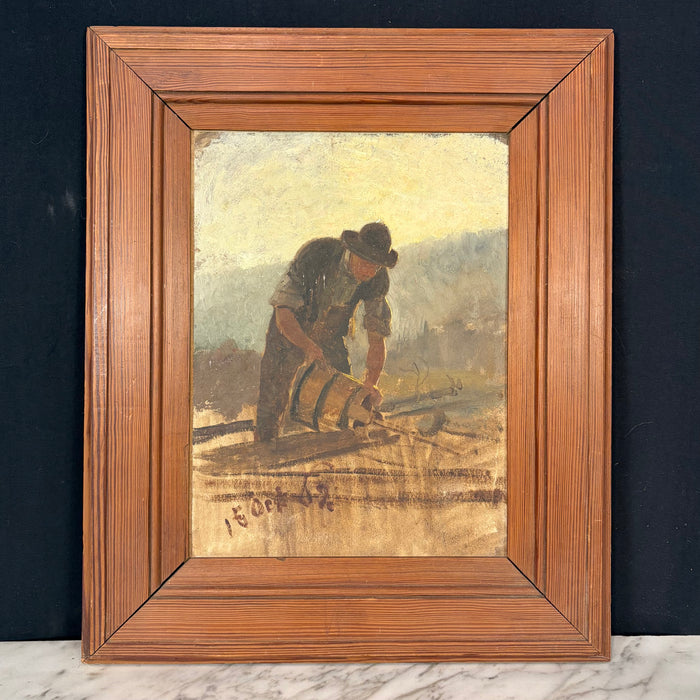 1902 French Oil Painting of a Vineyard Worker with a Hotte à Vendange (Wine Harvester)