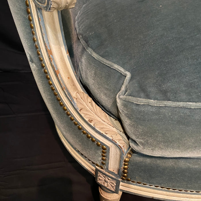 Antique French Louis XVI Sofa, Loveseat or Settee in Original White Paint and Blue Mohair Upholstery